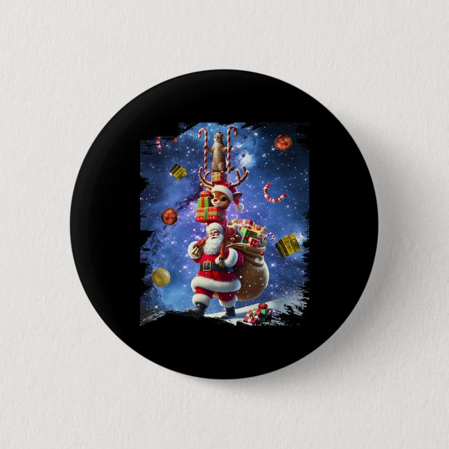 Space Cat Riding Rindeer och jultomten Knapp (Framsida)