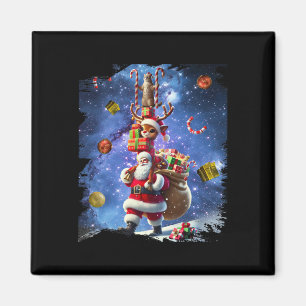 Space Cat Riding Rindeer och jultomten Magnet