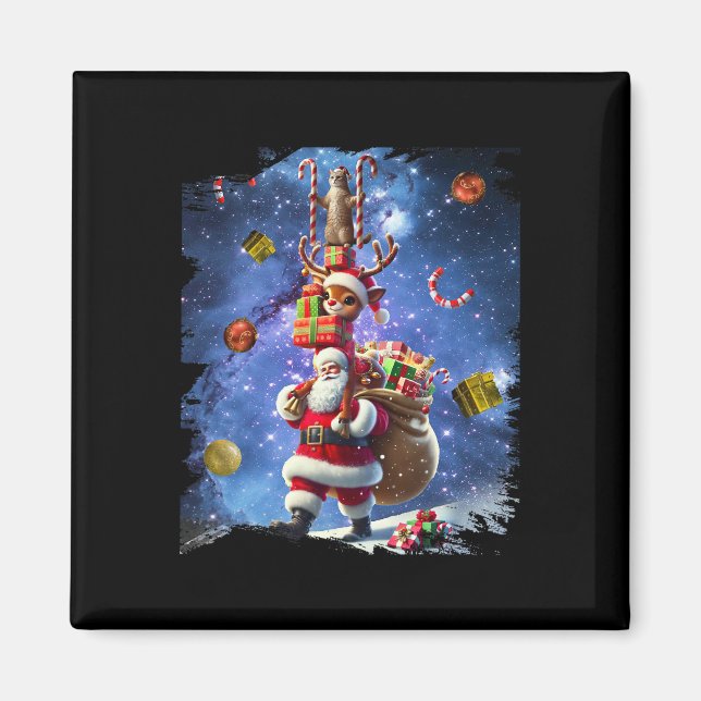 Space Cat Riding Rindeer och jultomten Magnet (Framsidan)