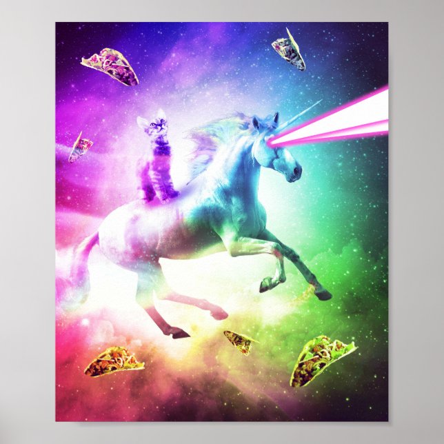 Space Cat Riding Unicorn - Laser, Tacos och Rainbo Poster (Framsidan)