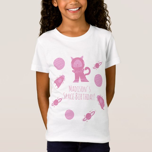 Space Cat Rosa Galaxy Birthday T Shirt (Framsida)