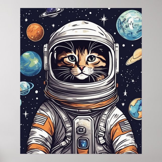 Space Cat Wall Art, Astronaut Cat Digital Art Poster (Framsidan)