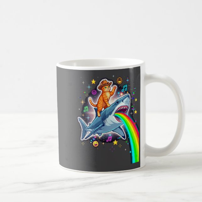 Space Cowboy Cat Riding Shark Rainbow Xel Art  Kaffemugg (Höger)