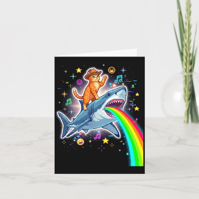Space Cowboy Cat Riding Shark Rainbow Xel Art  Kort (Framsida)