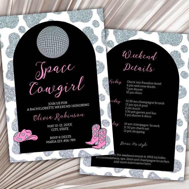 Space Cowgirl Bachelorette Helg Itinenerary Inbjudningar (space cowgirl disco bachelorette weekend itinerary)