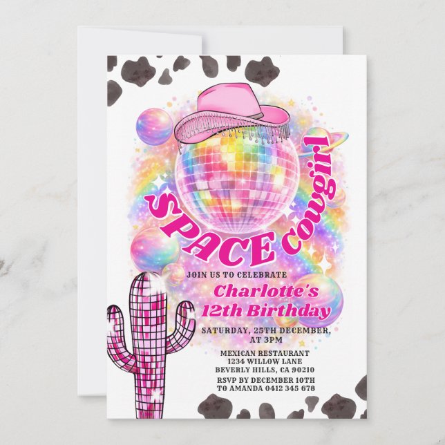 Space Cowgirl Birthday Invitation | Disco Cowgirl Inbjudningar (Framsida)