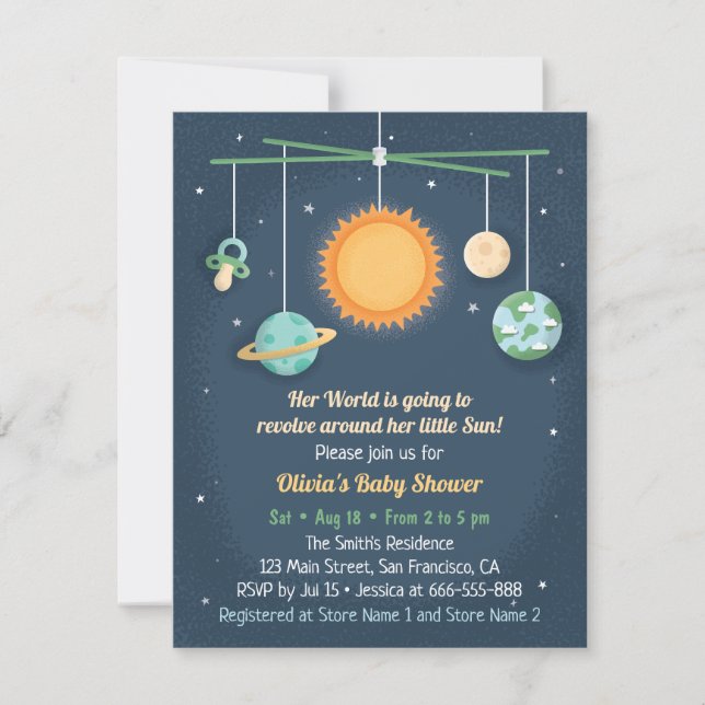 Space Crib Leksaker Kretsar Runt Solen Baby Shower Inbjudningar (Framsida)
