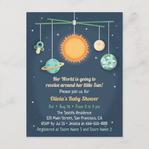 Space Crib Leksaker Kretsar Runt Solen Baby Shower Inbjudningar