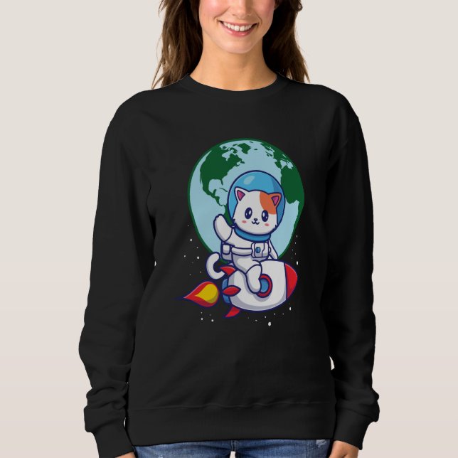 Space Cute Cat Outerspace Rocket Earth T Shirt (Framsida)