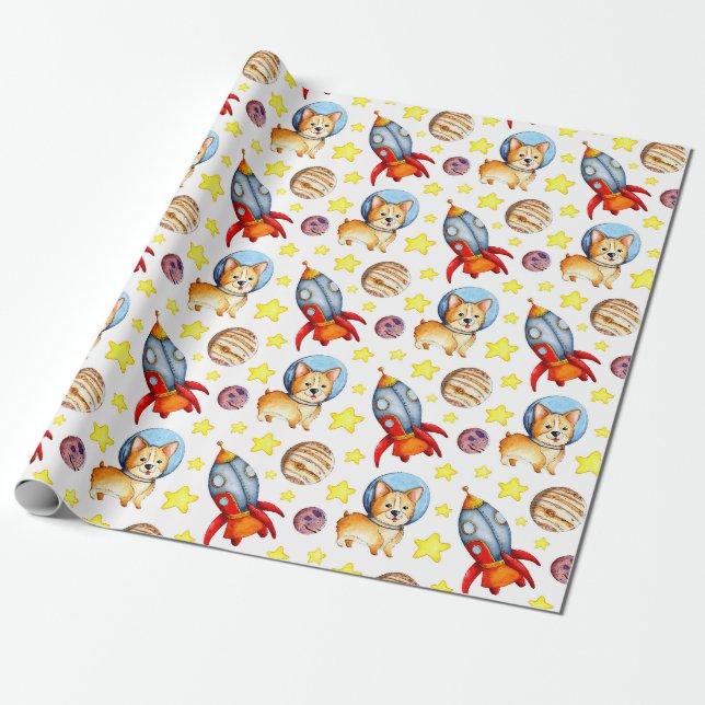 Space Cute Corgi Wrapping Papper Presentpapper (Utrullad)