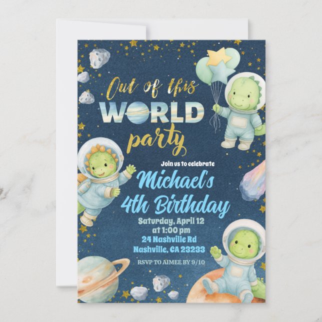 Space Dinosaur Birthday Invitation Inbjudningar (Framsida)