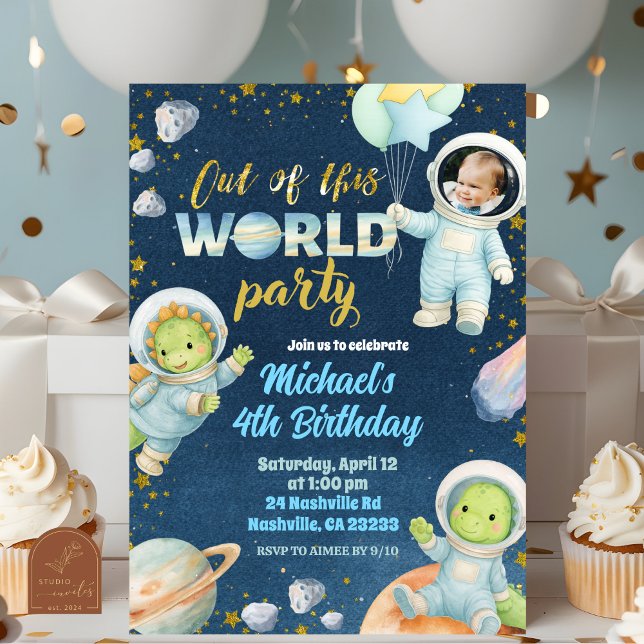 Space Dinosaur Birthday Invitation with photo Inbjudningar (Skapare uppladdad)