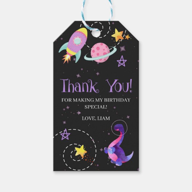 Space Dinosaur Galaxy Birthday Favor Presentetikett (Framsidan)