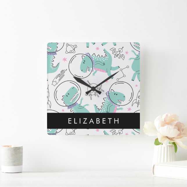 Space Dinosaurs, Cute Dinosaurs, Stars, ditt namn Fyrkantig Klocka (Hem)