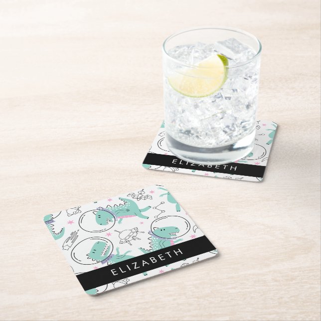 Space Dinosaurs, Cute Dinosaurs, Stars, ditt namn Underlägg Papper Kvadrat (Insitu)