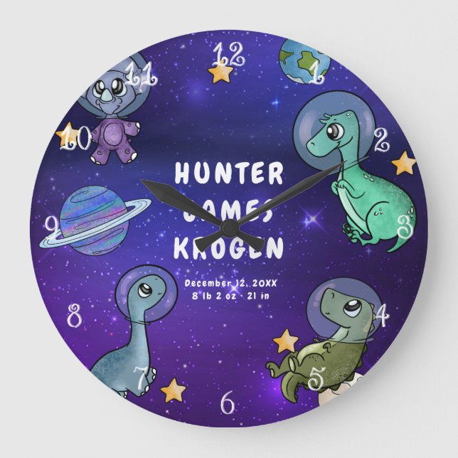 Space Dinosaurs Galaxy Planets Stars Baby Nursery Stor Klocka (Framsida)