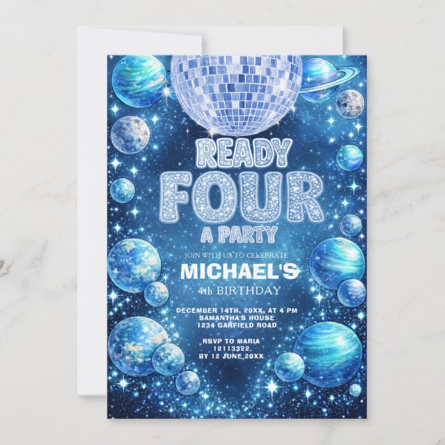 Space Disco 4th Birthday READY FOUR A PARTY Inbjudningar (Framsida)