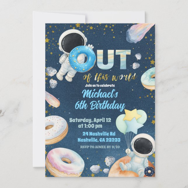 Space donuts Boy Birthday Invitation Inbjudningar (Framsida)
