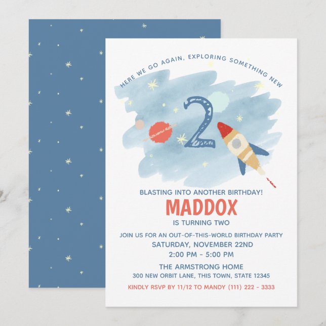 Space Explore Second Birthday Inbjudningar (Fram/baksida)