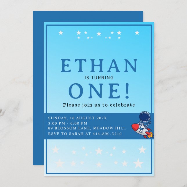 Space First Birthday Invitation – Astronaut Party Inbjudningar (Fram/baksida)