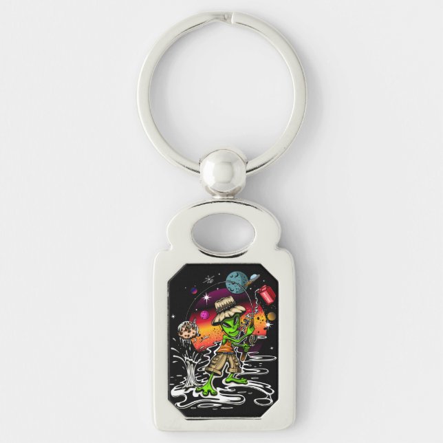 Space Fisherman Rektangulärt Silverfärgad Nyckelring (Framsidan)
