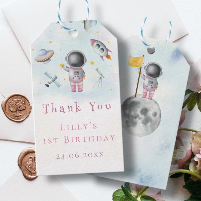 Space-flicka Astronaut rosa-raketer galaxy frakt s Presentetikett (Skapare uppladdad)