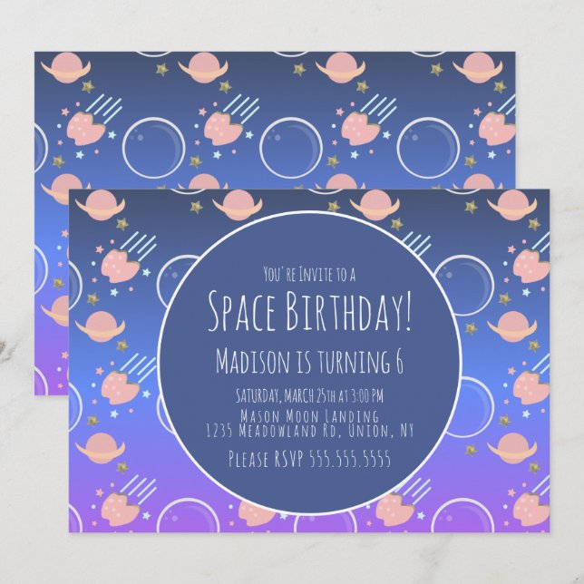 Space Galaxy Asteroid Birthday Inbjudningar (Fram/baksida)