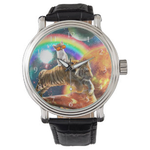 Space Galaxy Cat Riding Tiger på Pizza Armbandsur