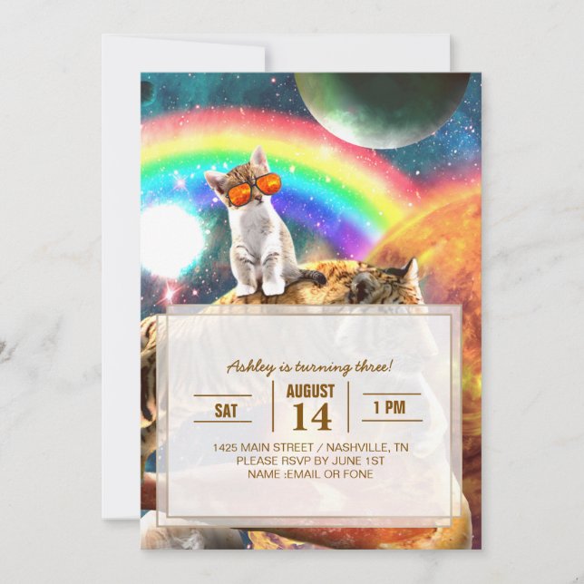 Space Galaxy Cat Riding Tiger på Pizza Inbjudningar (Framsida)