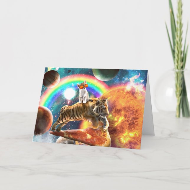 Space Galaxy Cat Riding Tiger på Pizza Kort (Framsida)
