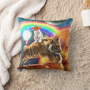 Space Galaxy Cat Riding Tiger på Pizza Kudde