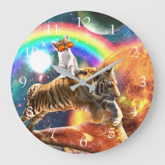Space Galaxy Cat Riding Tiger på Pizza Stor Klocka