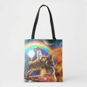 Space Galaxy Cat Riding Tiger på Pizza Tygkasse
