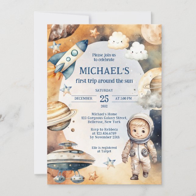 Space Galaxy First Resa runt Sol-födelsedagen Inbjudningar (Framsida)