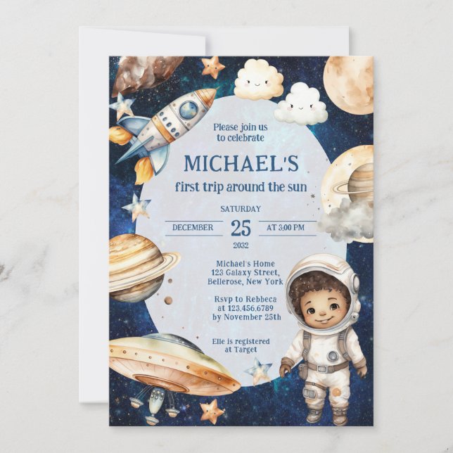 Space Galaxy First Resa runt Sol-födelsedagen Inbjudningar (Framsida)