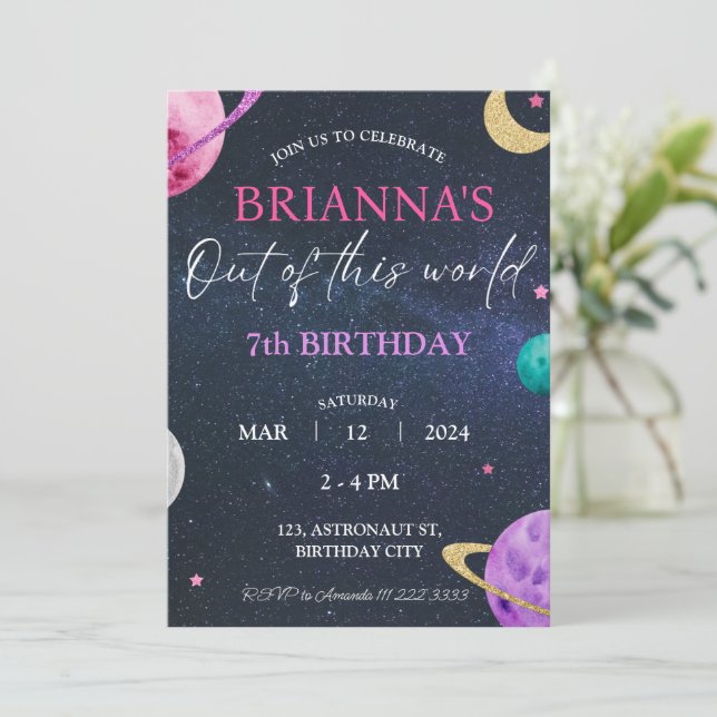 Space Galaxy Girl 3rd 5th 6e 7:e 8th 9th Birday Inbjudningar (Stående Fram)