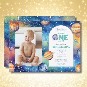 Space Galaxy ✨ Planets Photo First Birthday Inbjudningar