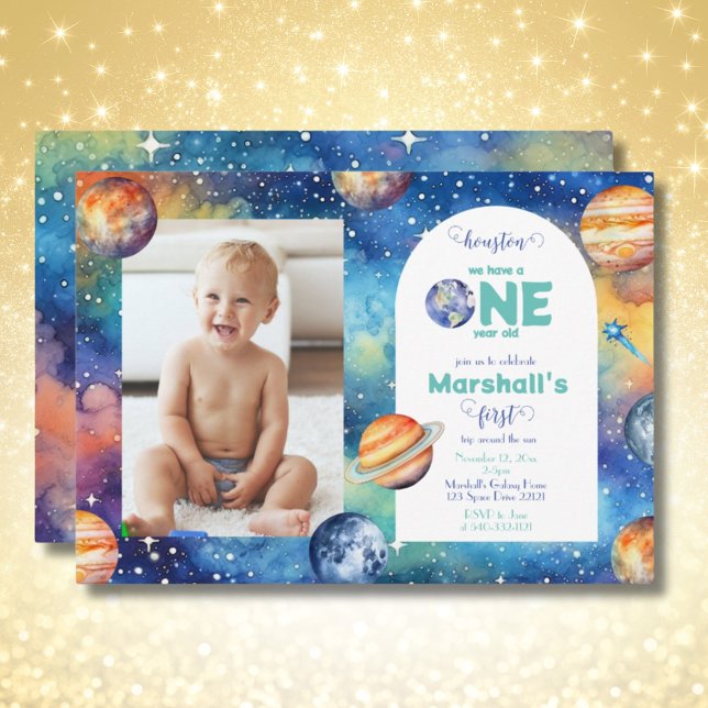 Space Galaxy ✨ Planets Photo First Birthday Inbjudningar (Space Galaxy ✨ Planets Photo First Birthday Invitation)