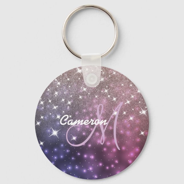 Space Galaxy Ro Guld Glitter Sparkly Monogram Nyckelring (Framsida)