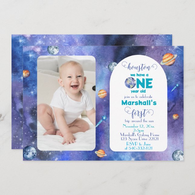 Space Galaxy Watercolor First Birthday Photo Inbjudningar (Fram/baksida)