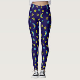Space Gult Blue Måne och Stars Jewels Mönster Leggings