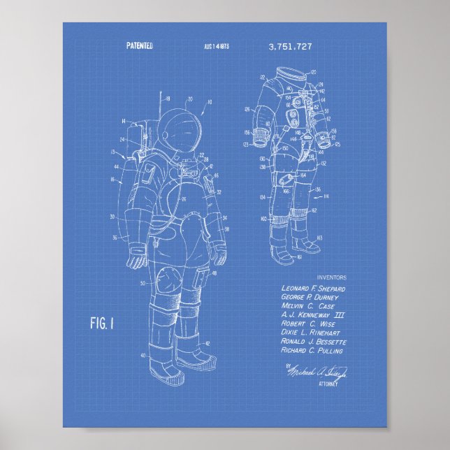 Space Kostym 1973 Patent Art - Blåkopia Poster (Framsidan)