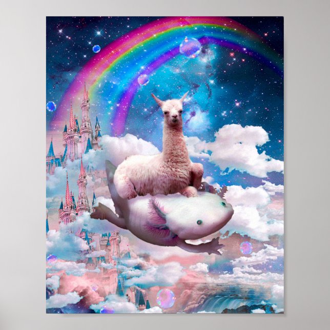 Space Llama Riding Axolotl - Rainbow Poster (Framsidan)