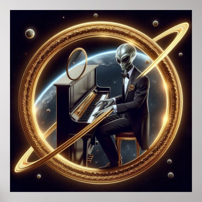 Space Male Alien Spela Piano Black Tuxedo Poster (Framsidan)