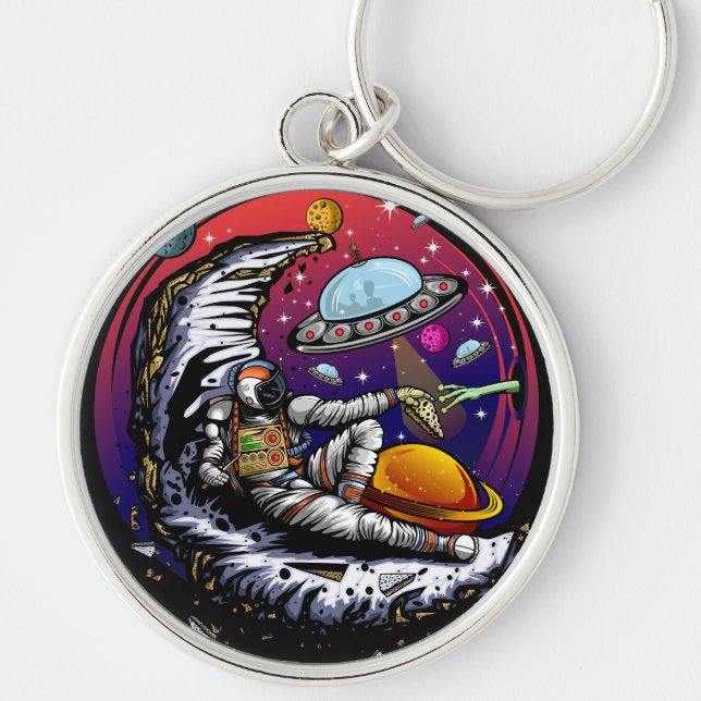 Space Måne Cheese Rund Silverfärgad Nyckelring (Framsidan)