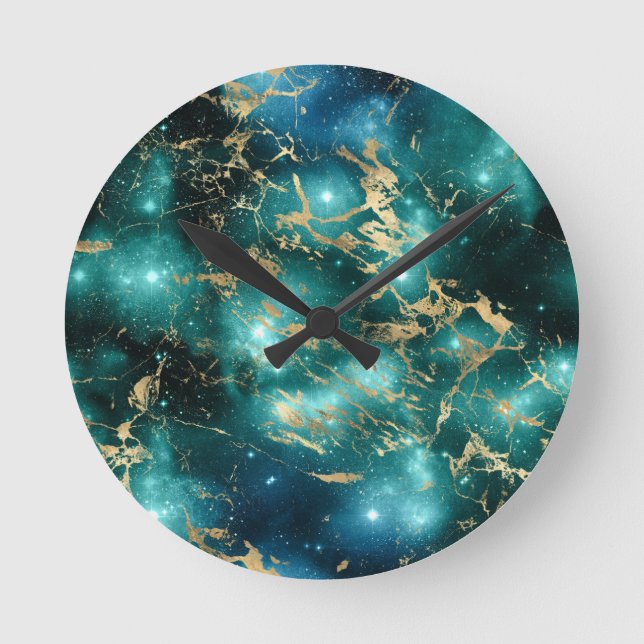 Space Marble Black Grönt Starry Night Golden Rund Klocka (Framsida)