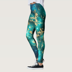 Space Marble Svart Grön Stjärnklar Natt Guld Leggings