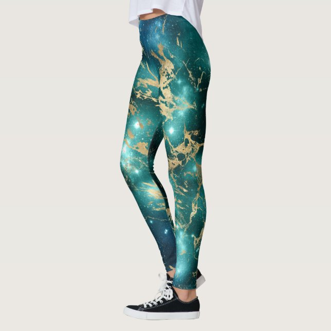 Space Marble Svart Grön Stjärnklar Natt Guld Leggings (Vänster)