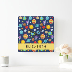 Space Mönster, Planets, Stars, Cosmos, Ditt namn Fyrkantig Klocka