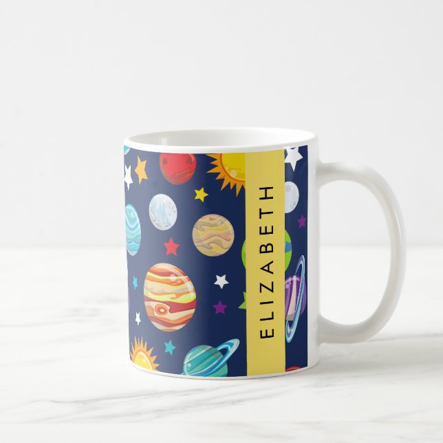 Space Mönster, Planets, Stars, Cosmos, Ditt namn Kaffemugg (Höger)
